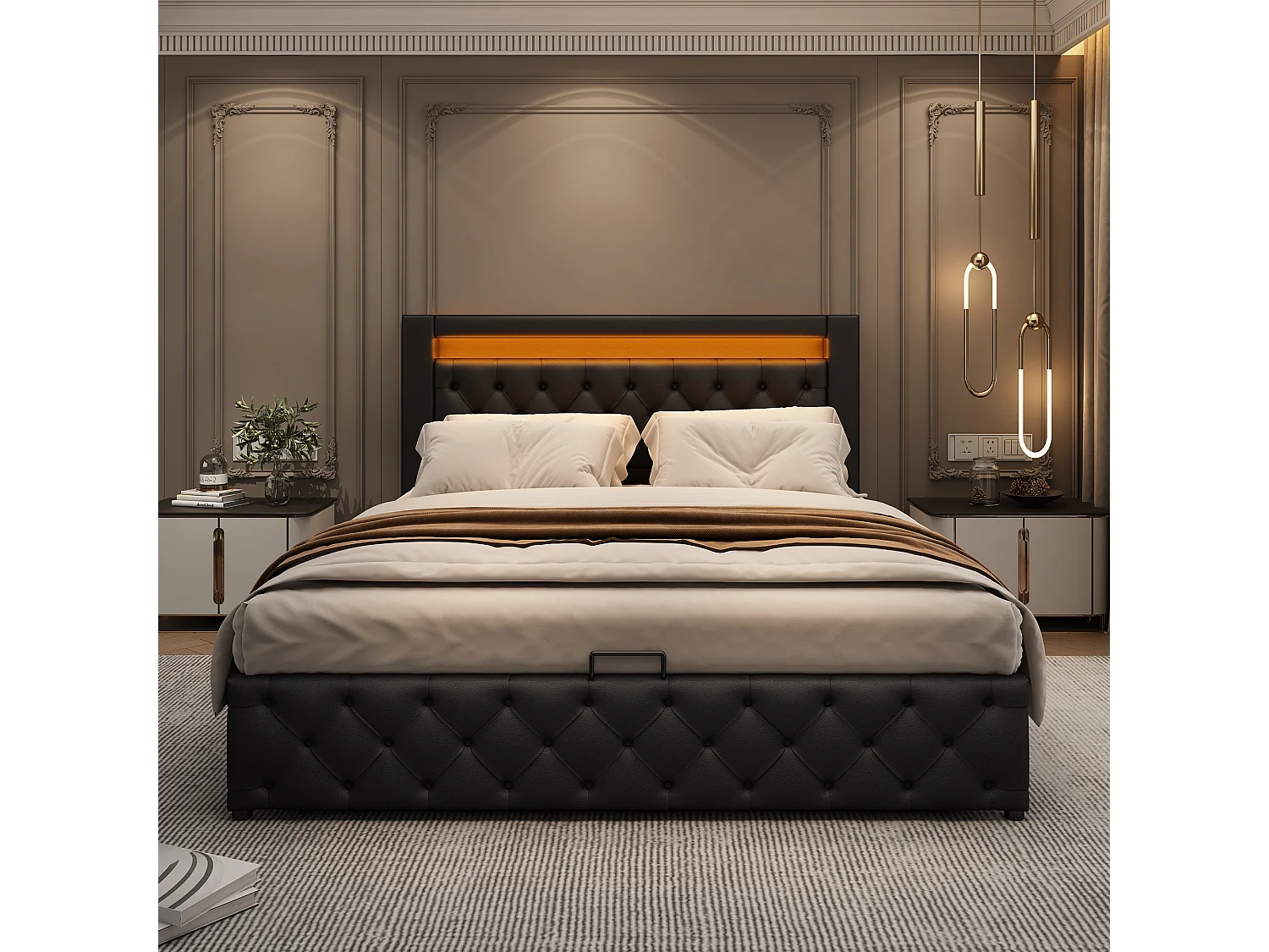 Upholstered storage bed in faux leather with LED lighting - 140x200cm - with slatted base - White