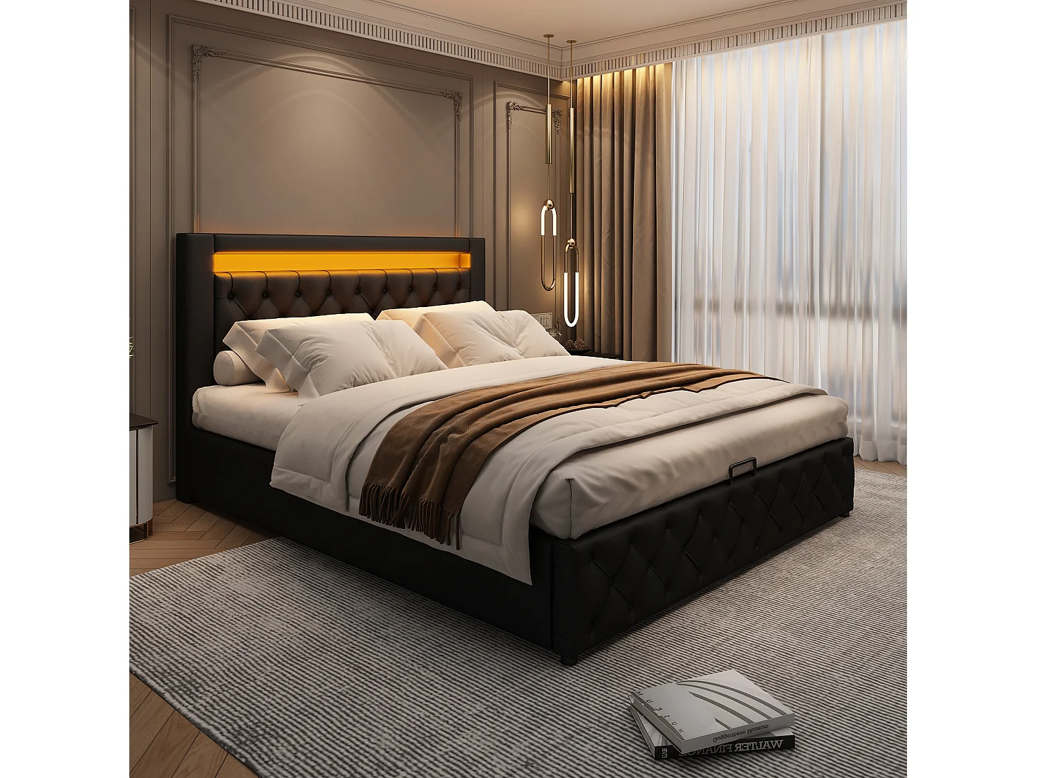 Upholstered storage bed in faux leather with LED lighting - 140x200cm - with slatted base - White