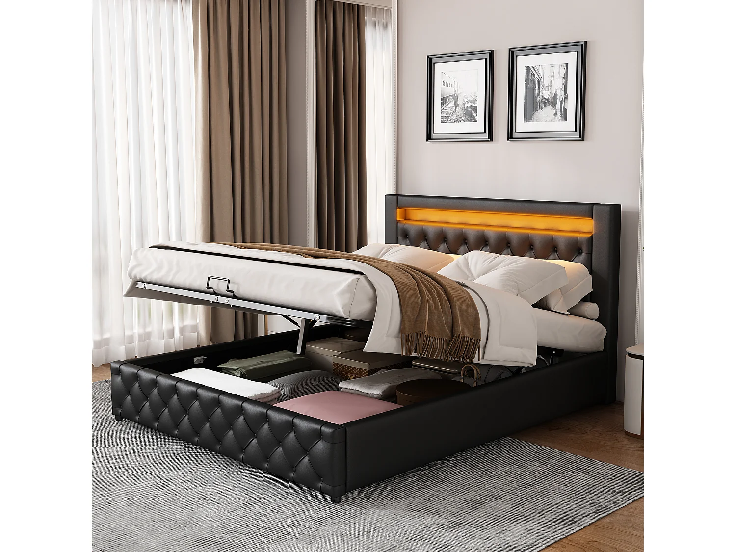 Upholstered storage bed in faux leather with LED lighting - 140x200cm - with slatted base - White