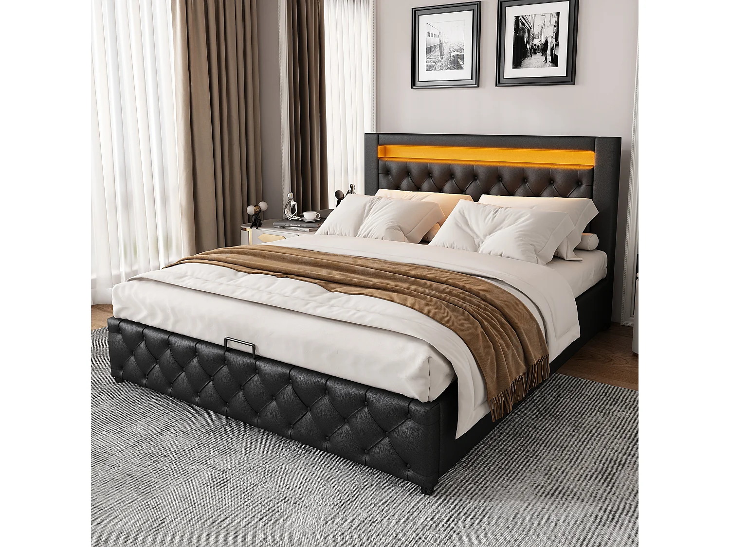 Upholstered storage bed in faux leather with LED lighting - 140x200cm - with slatted base - White