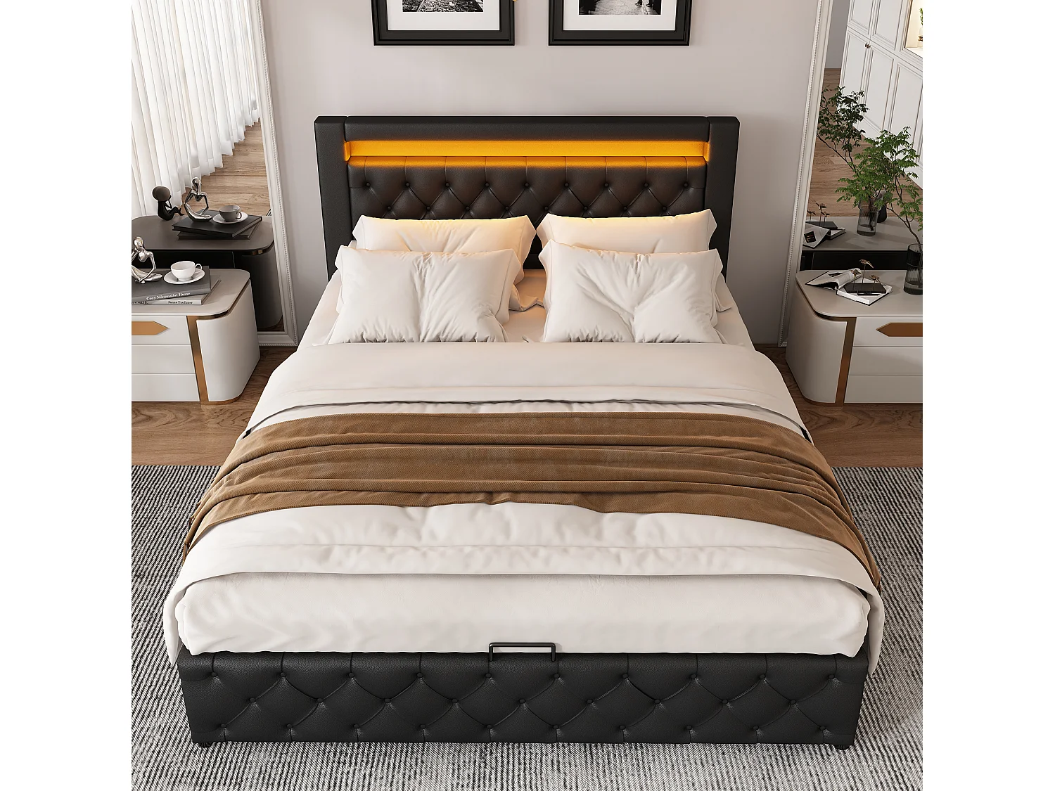 Upholstered storage bed in faux leather with LED lighting - 140x200cm - with slatted base - White