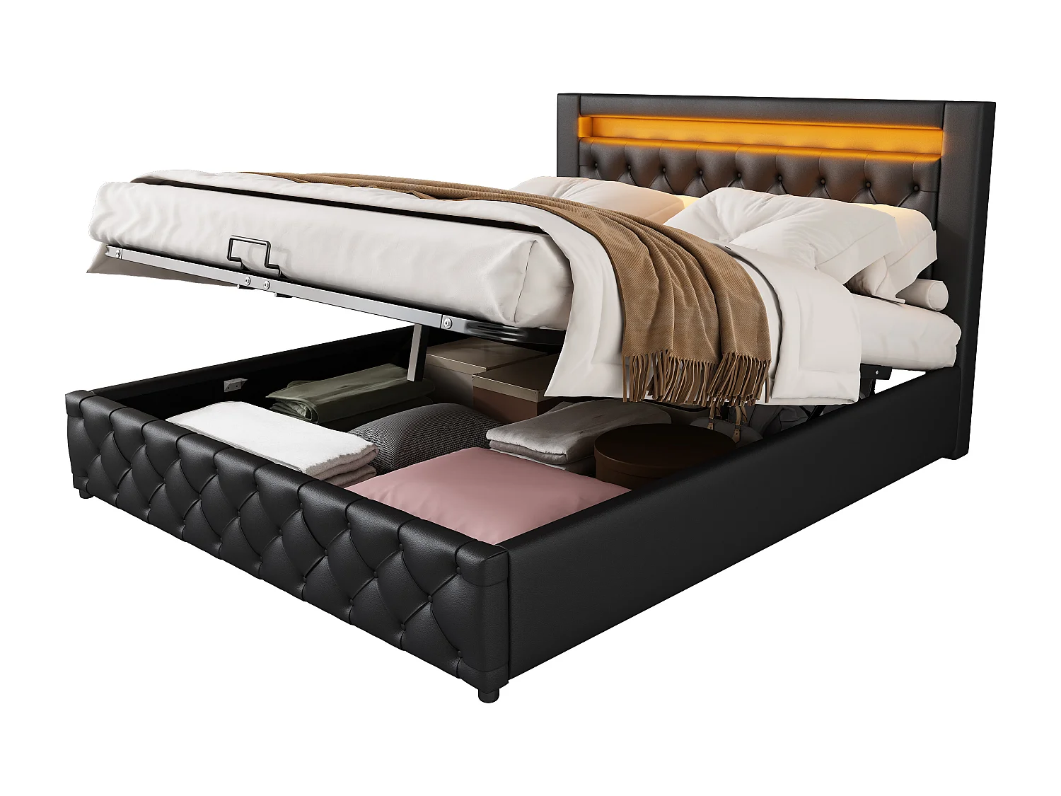 Upholstered storage bed in faux leather with LED lighting - 140x200cm - with slatted base - White