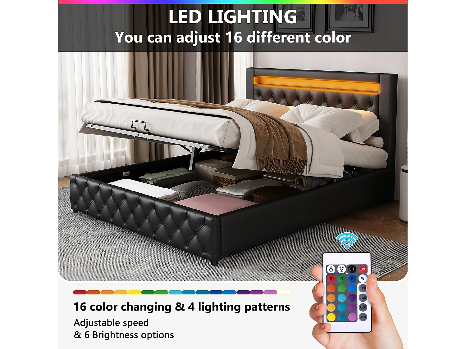Upholstered storage bed in faux leather with LED lighting - 140x200cm - with slatted base - White