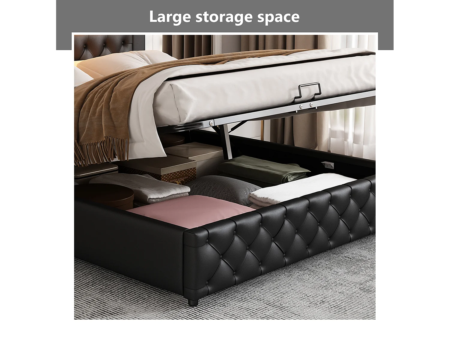 Upholstered storage bed in faux leather with LED lighting - 140x200cm - with slatted base - White