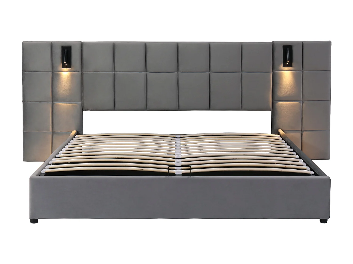 Velvet Storage Bed - 180x200cm - with LED and Charging Port - Grey (Bedside Table Not Included)