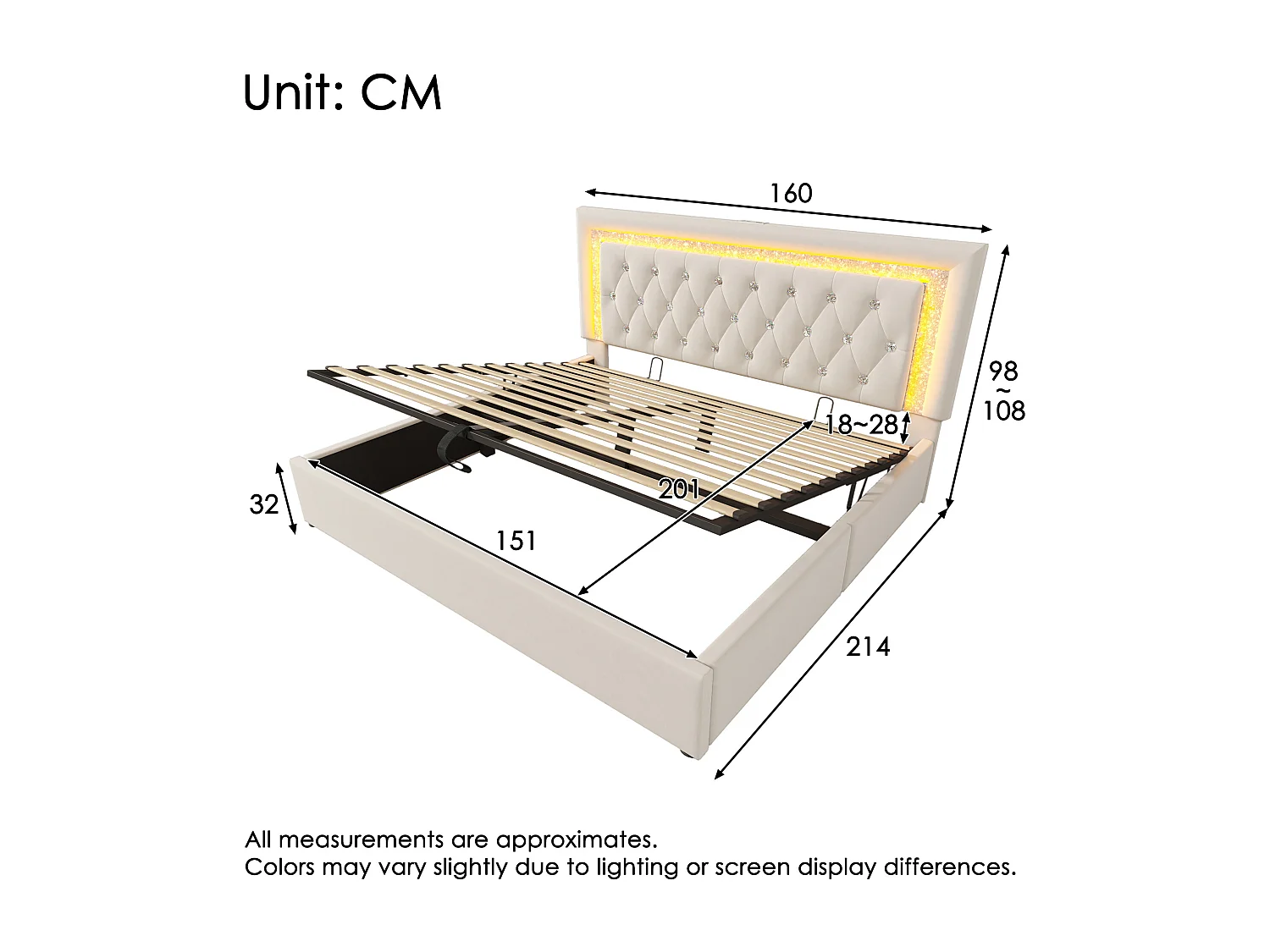 Upholstered storage bed 150x200cm in velvet - with LED lighting - with USB and Type-C ports - with slatted base - Beige (mattress not included)