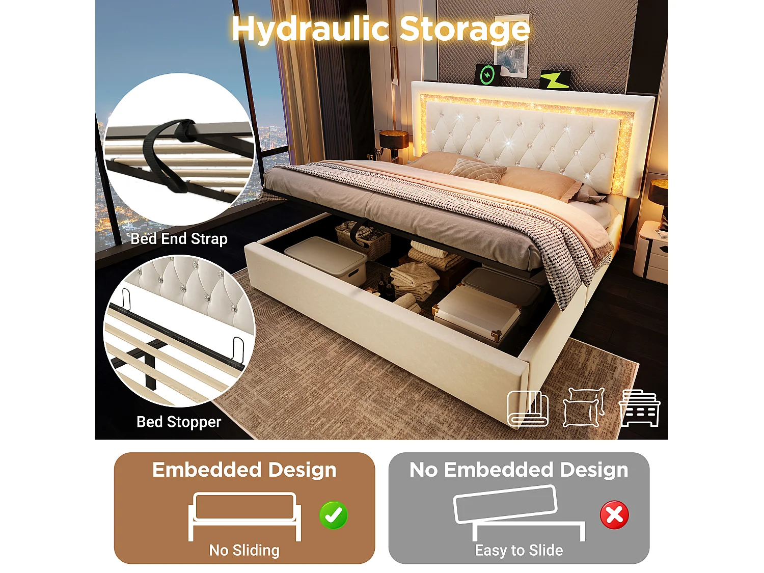 Upholstered storage bed 150x200cm in velvet - with LED lighting - with USB and Type-C ports - with slatted base - Beige (mattress not included)