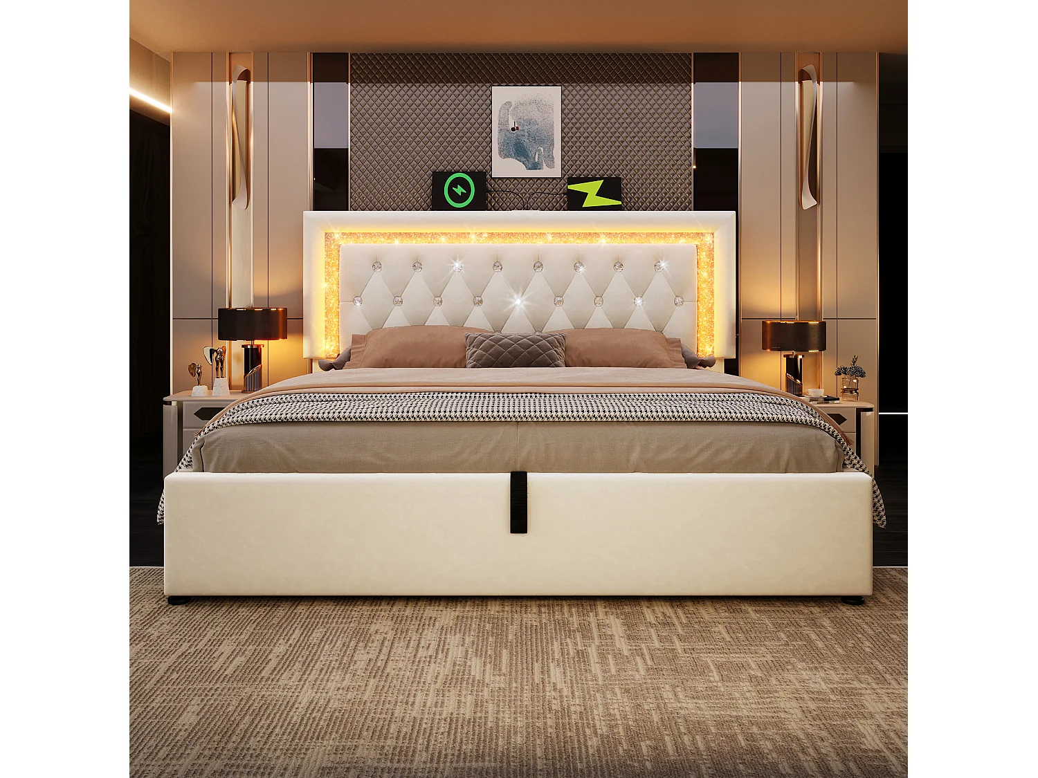 Upholstered storage bed 150x200cm in velvet - with LED lighting - with USB and Type-C ports - with slatted base - Beige (mattress not included)