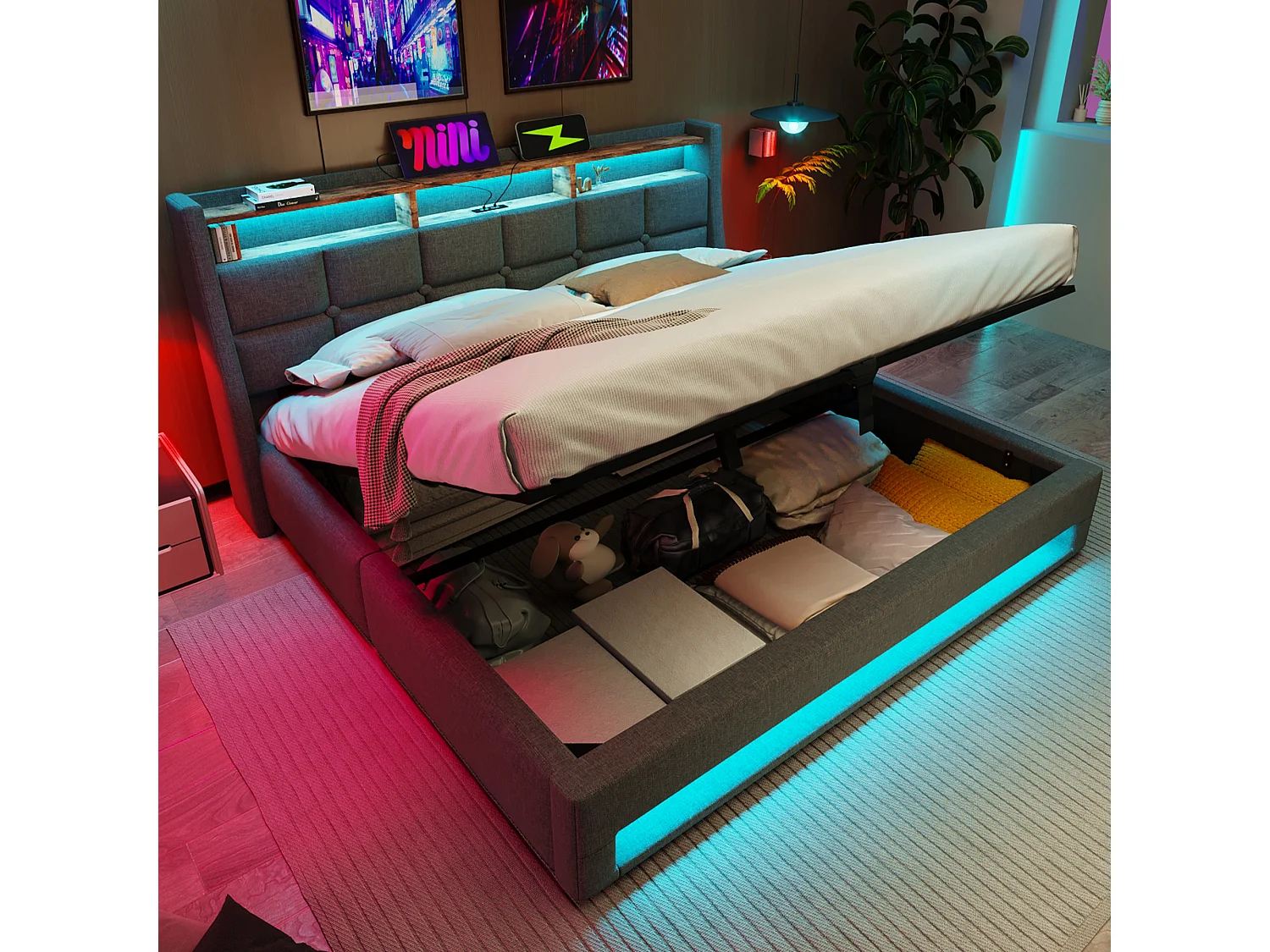 Linen storage bed 180x200cm with LED and USB ports - slatted base - grey