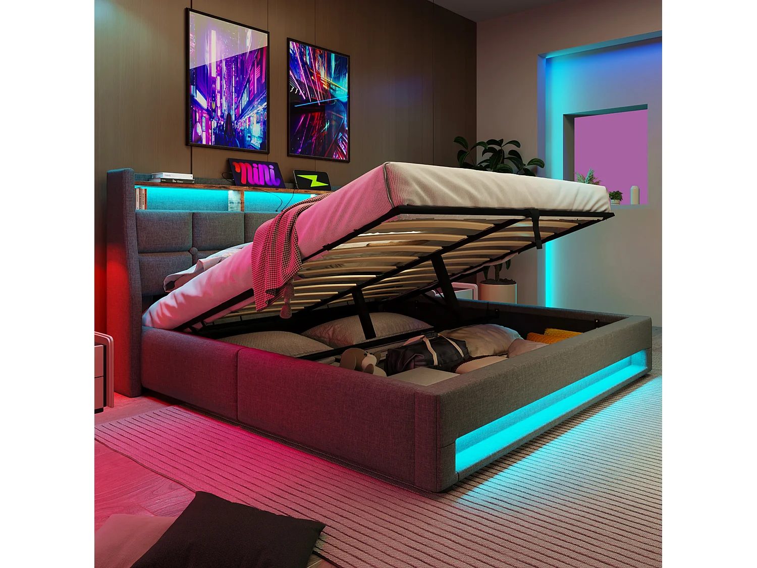 Linen storage bed 180x200cm with LED and USB ports - slatted base - grey