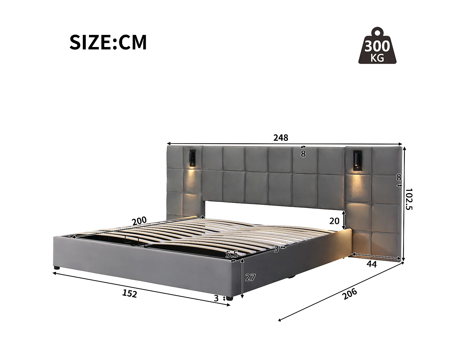 Velvet storage bed - 160x200cm - with LED lighting and charging port - Grey (bedside table not included)