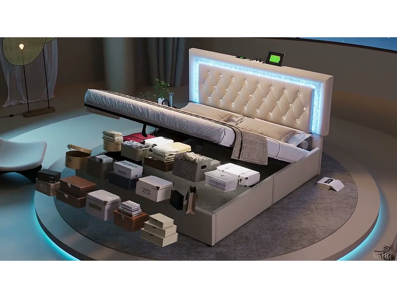 Upholstered storage bed 135x190cm in velvet - with LED lighting - with USB and Type-C ports - with slatted base - Grey (mattress not included)