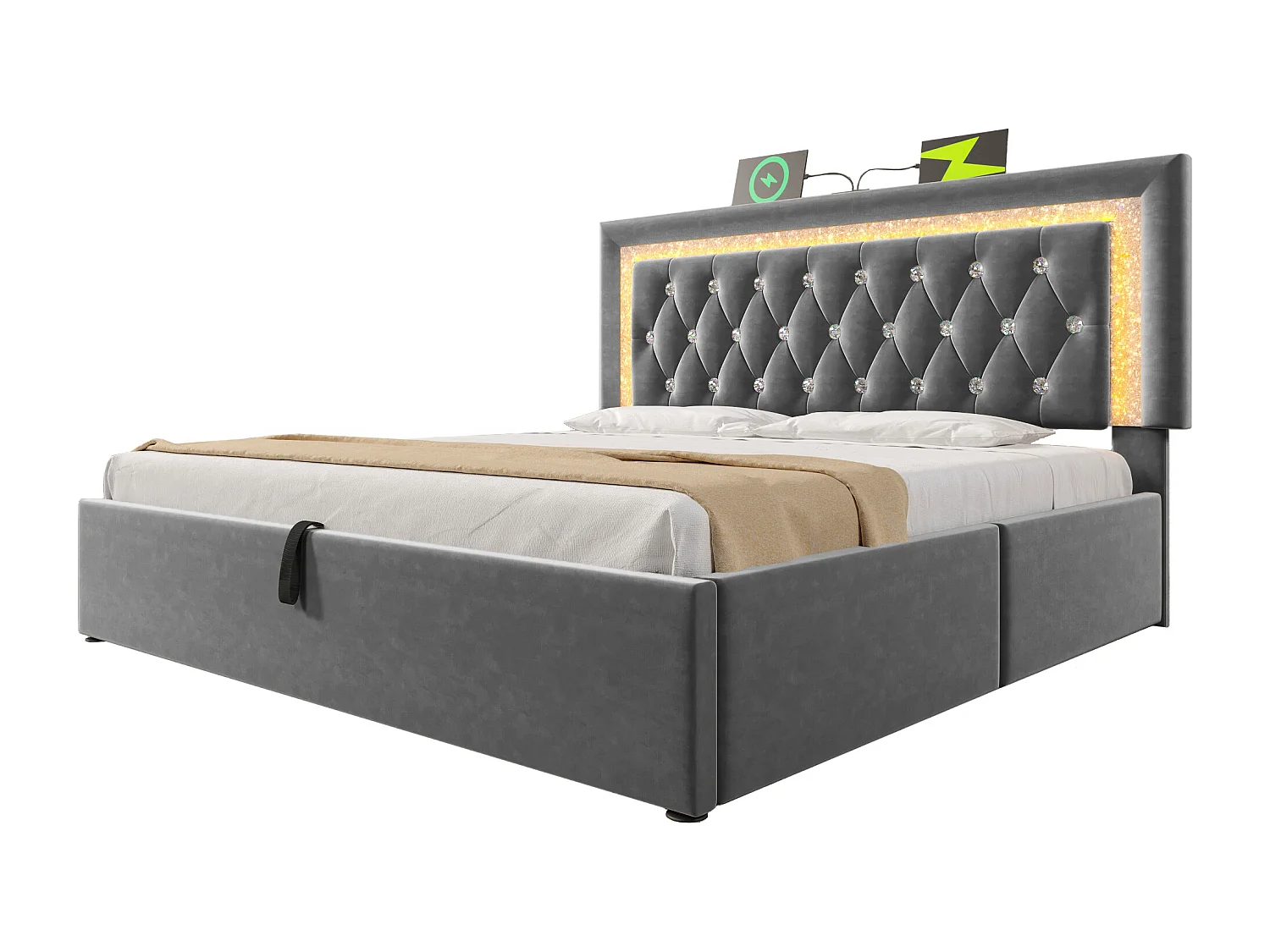 Upholstered storage bed 135x190cm in velvet - with LED lighting - with USB and Type-C ports - with slatted base - Grey (mattress not included)