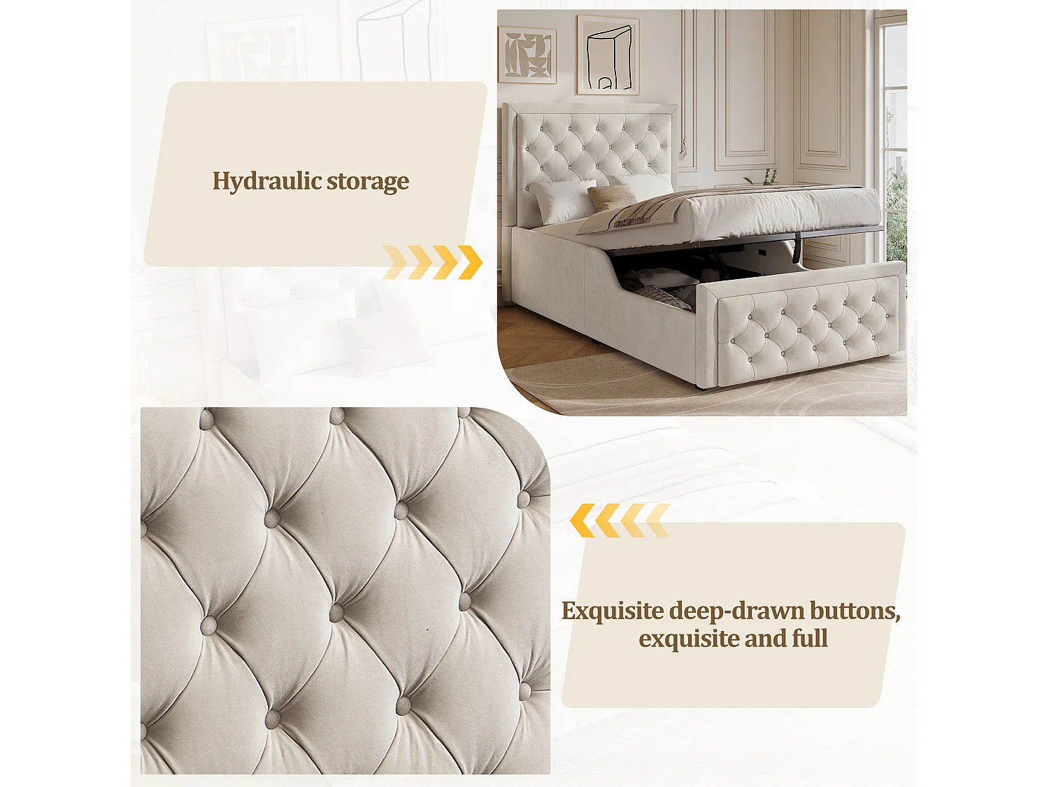 Upholstered storage bed 90 x 200 cm - Upholstered headboard - Hydraulic storage compartment - Velvet - Beige (Mattress not included)