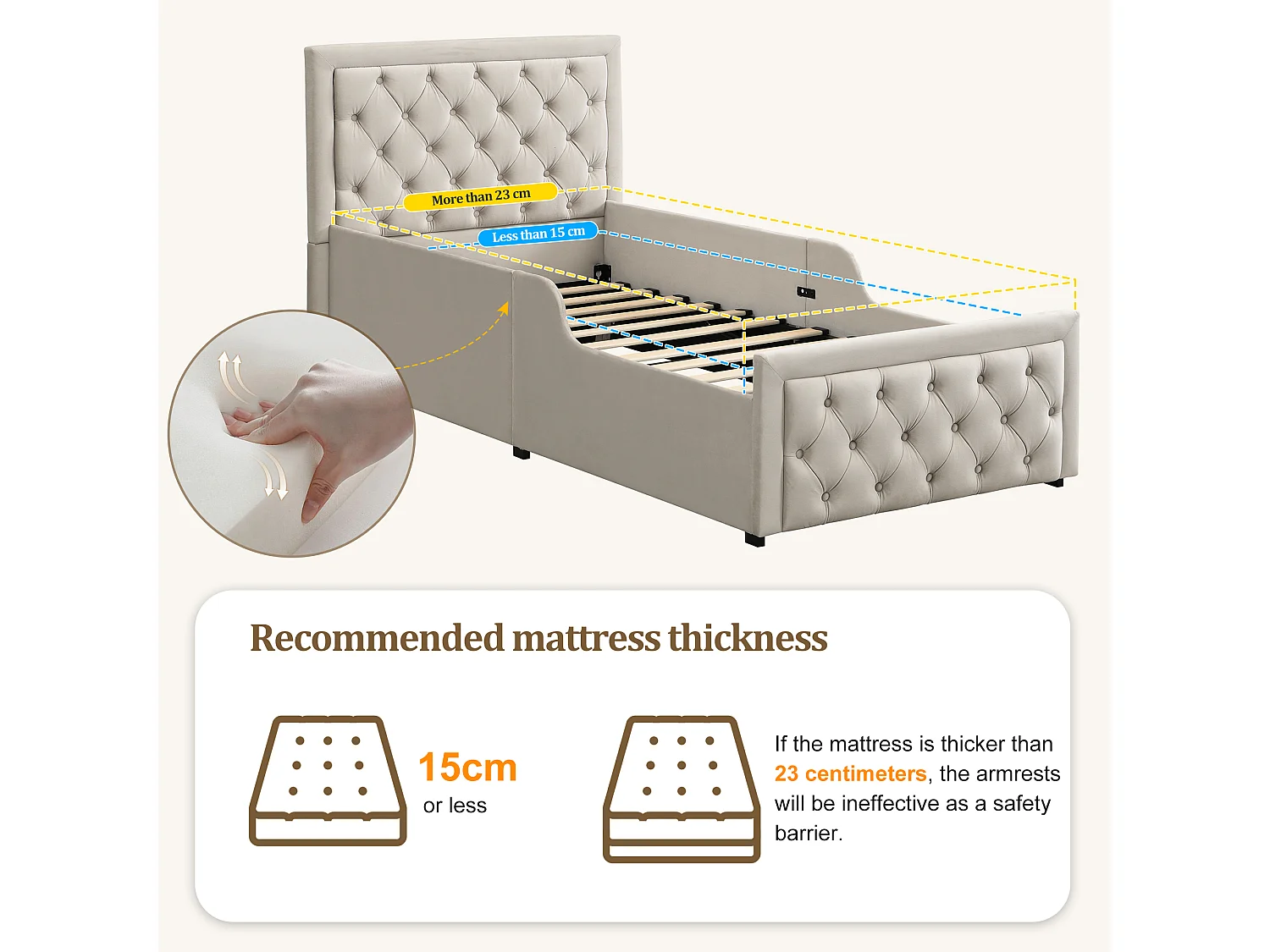 Upholstered storage bed 90 x 200 cm - Upholstered headboard - Hydraulic storage compartment - Velvet - Beige (Mattress not included)