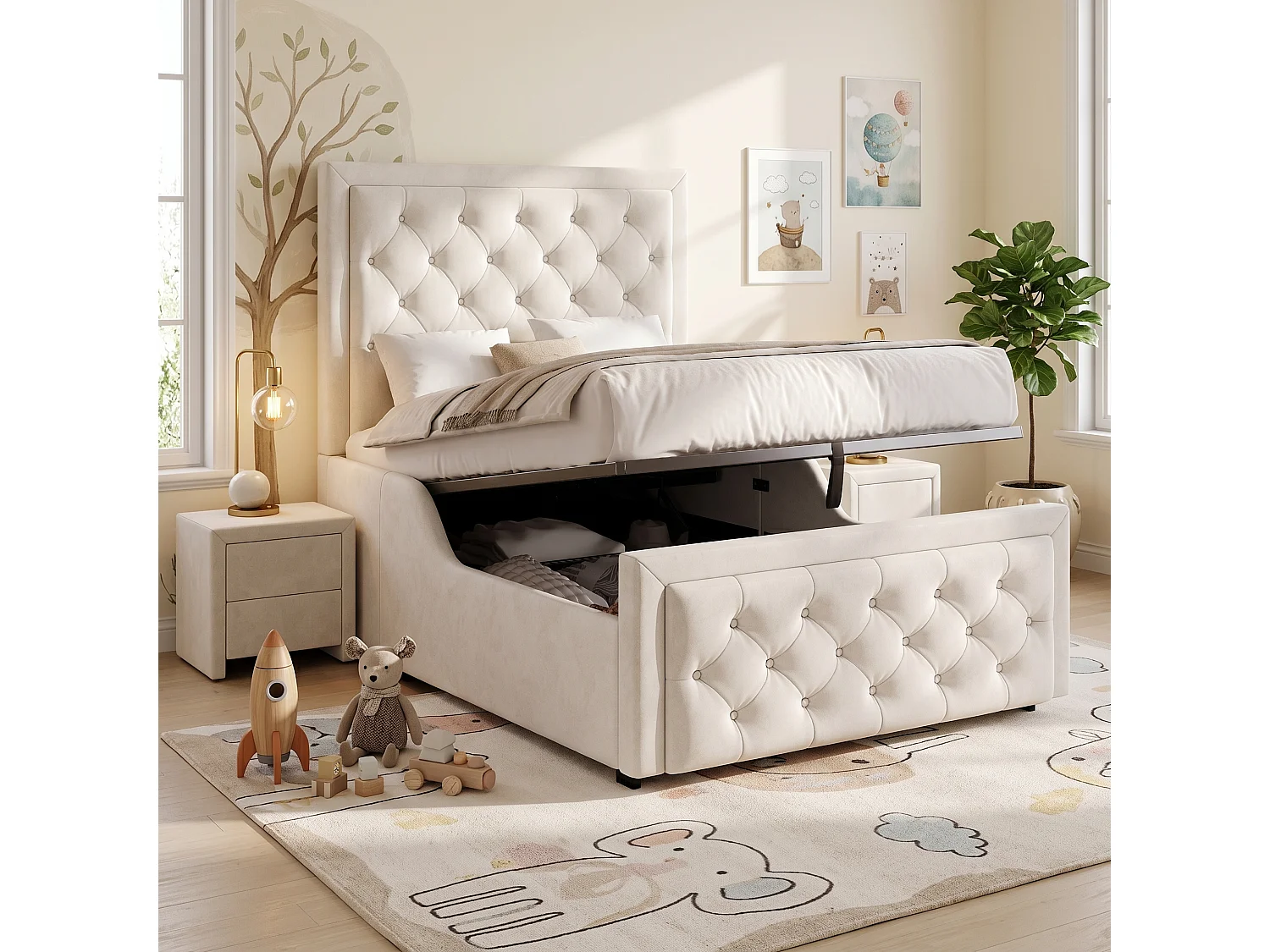 Upholstered storage bed 90 x 200 cm - Upholstered headboard - Hydraulic storage compartment - Velvet - Beige (Mattress not included)