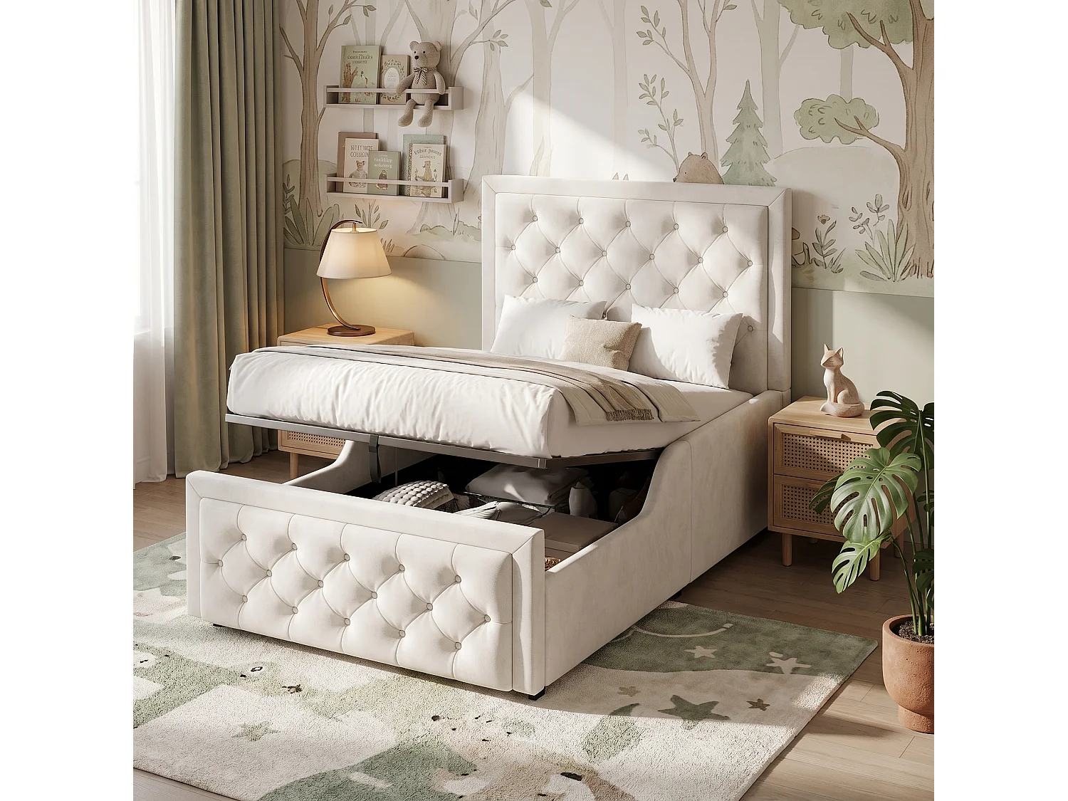 Upholstered storage bed 90 x 200 cm - Upholstered headboard - Hydraulic storage compartment - Velvet - Beige (Mattress not included)