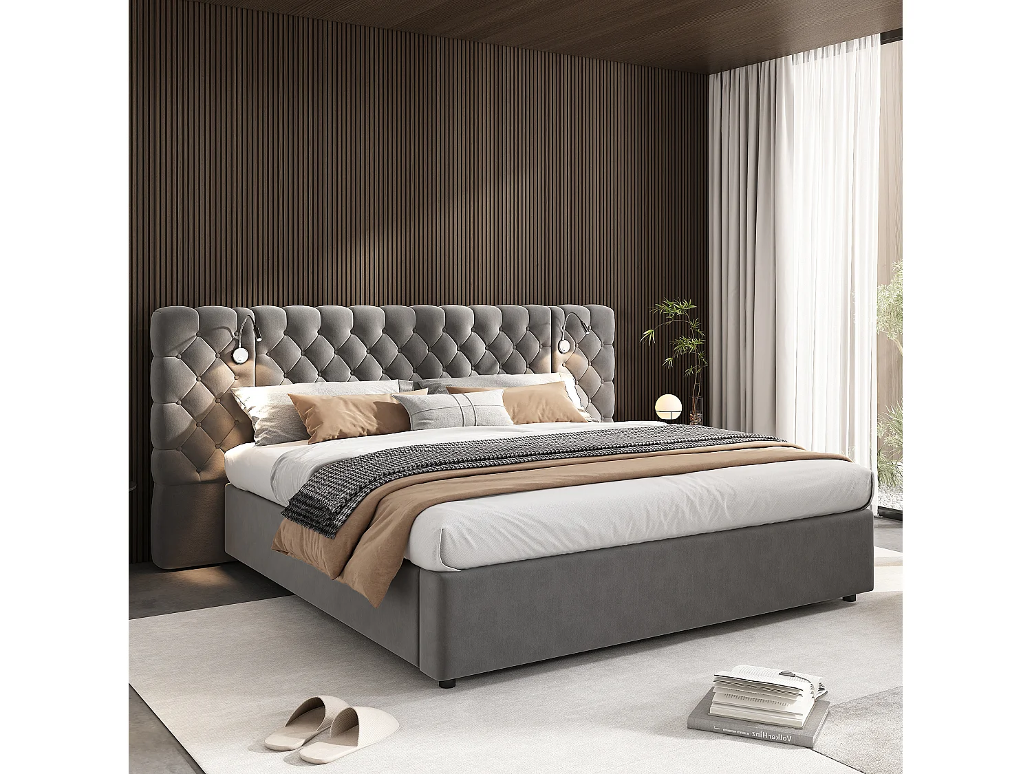 Upholstered storage bed 180x200 cm in velvet - with reading lamp and slatted base - Grey