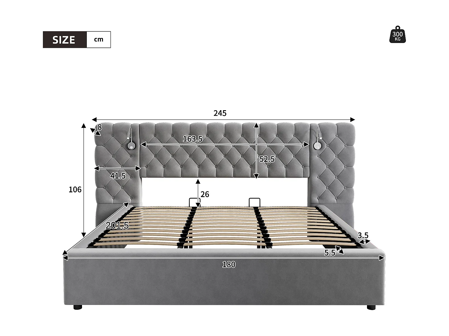 Upholstered storage bed 180x200 cm in velvet - with reading lamp and slatted base - Grey
