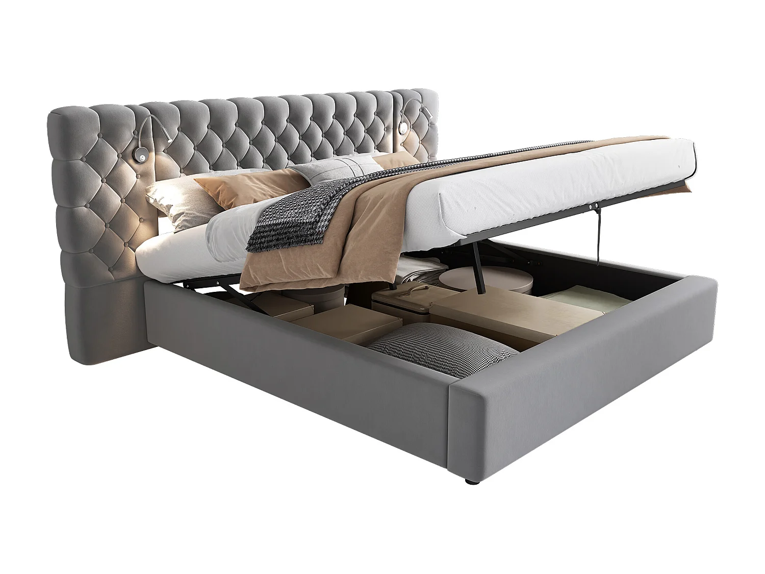 Upholstered storage bed 180x200 cm in velvet - with reading lamp and slatted base - Grey
