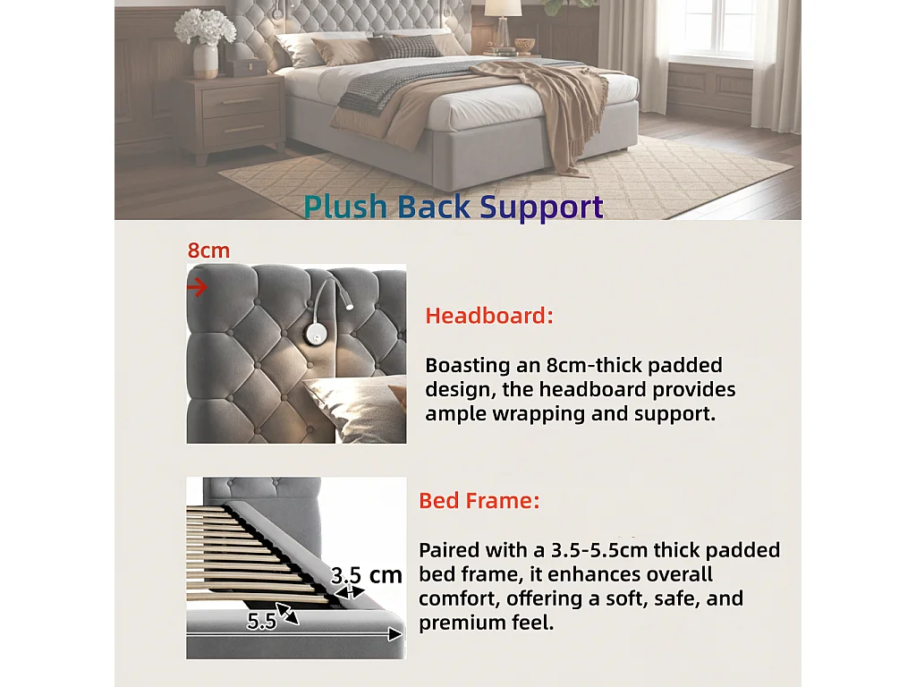 Upholstered storage bed 180x200 cm in velvet - with reading lamp and slatted base - Grey