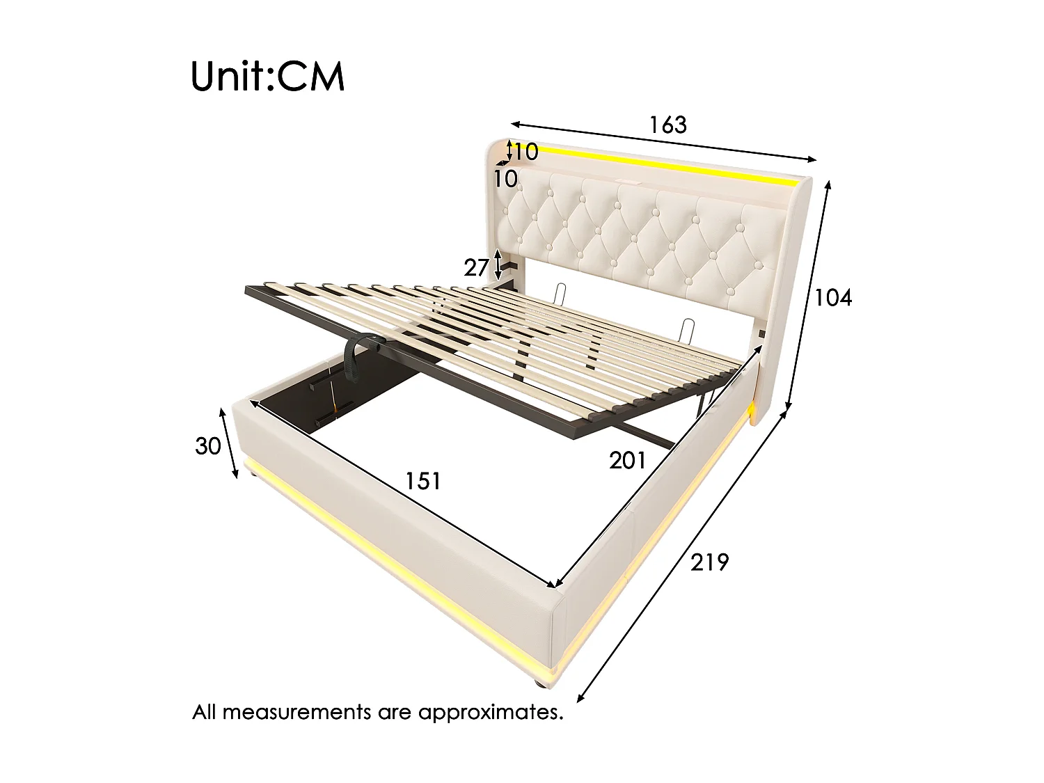 160x200cm Faux Leather Storage Bed - with LED and USB & Type-C Ports - White
