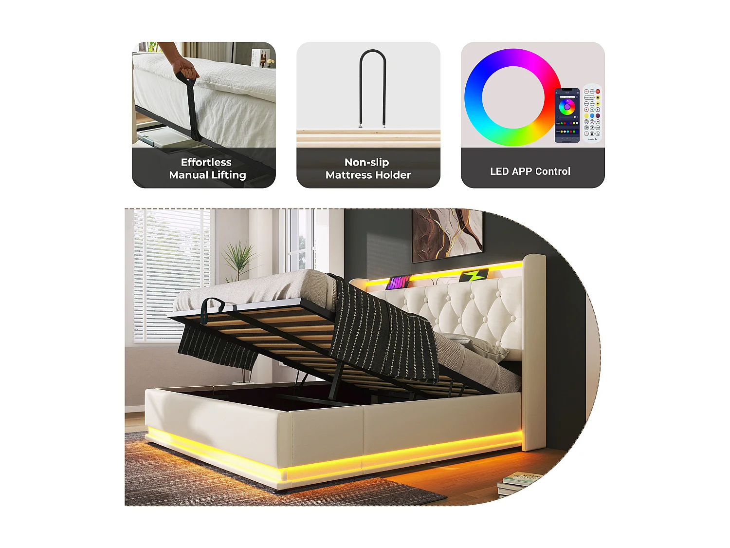 160x200cm Faux Leather Storage Bed - with LED and USB & Type-C Ports - White