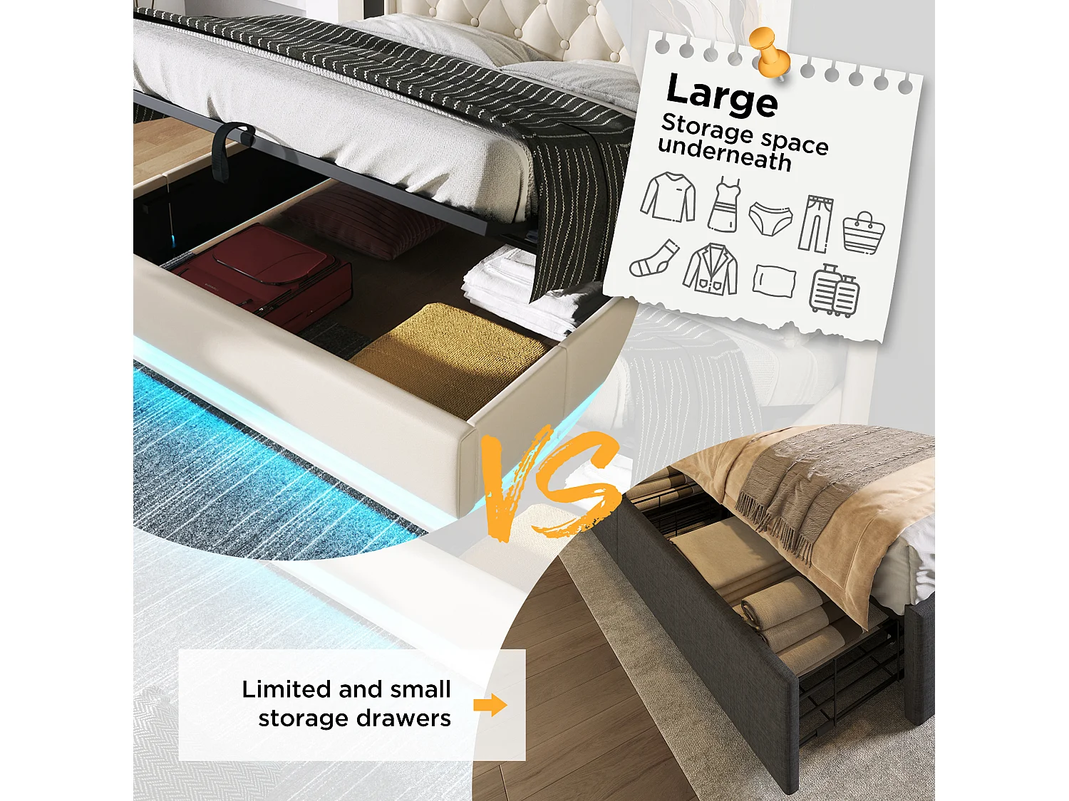160x200cm Faux Leather Storage Bed - with LED and USB & Type-C Ports - White