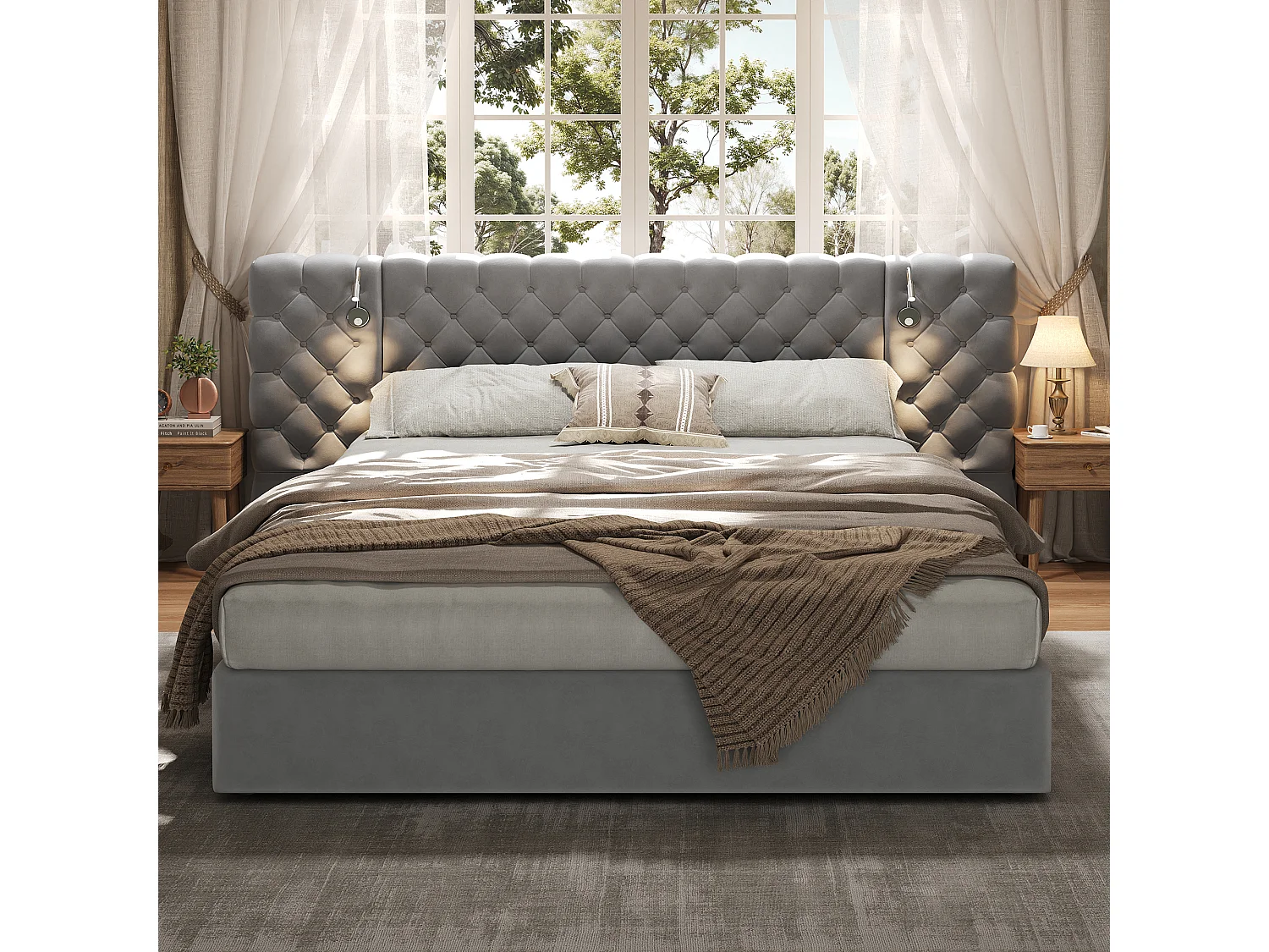 Upholstered storage bed 160x200 cm in velvet - with reading lamp and slatted base - Grey