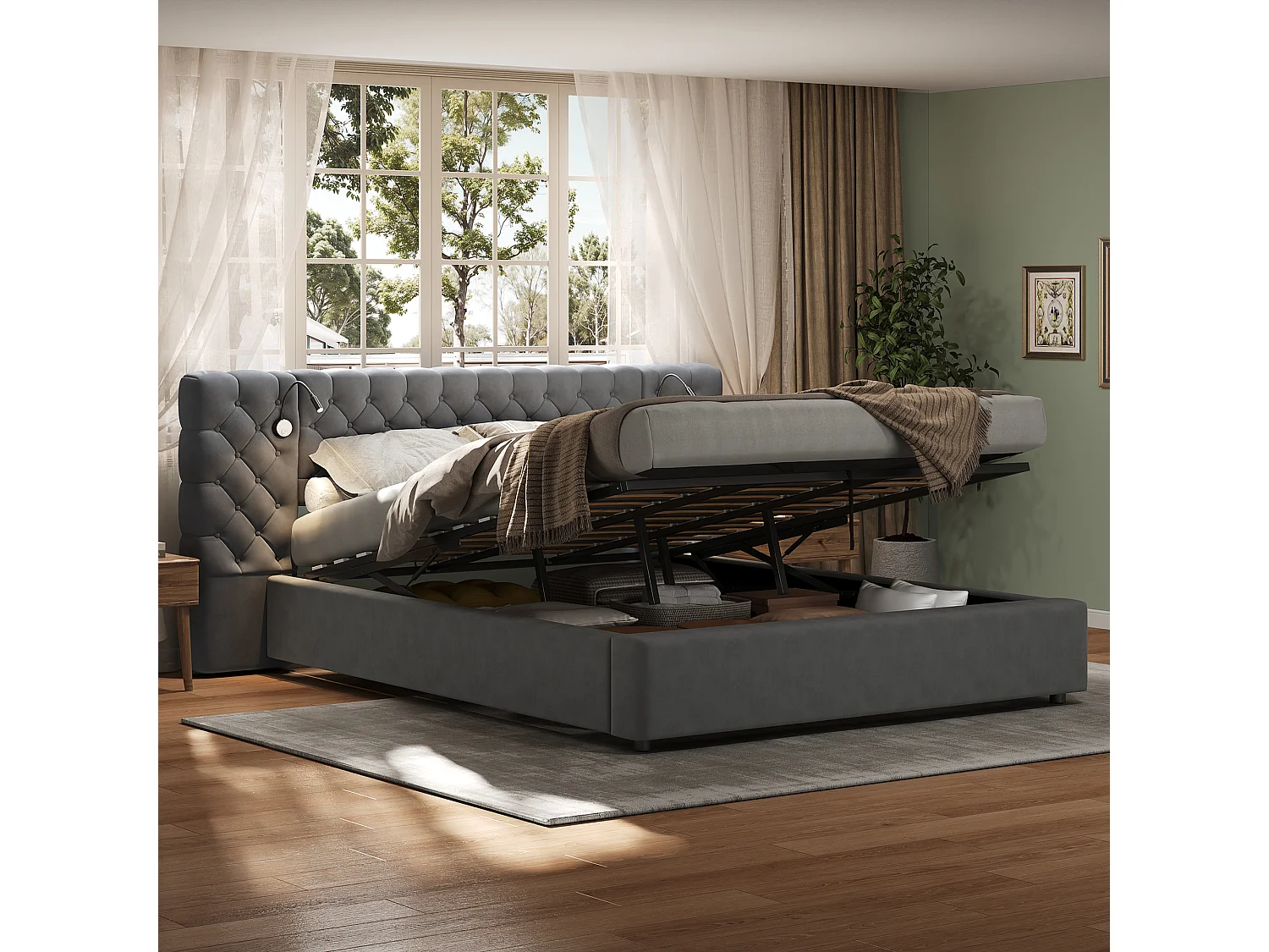 Upholstered storage bed 160x200 cm in velvet - with reading lamp and slatted base - Grey