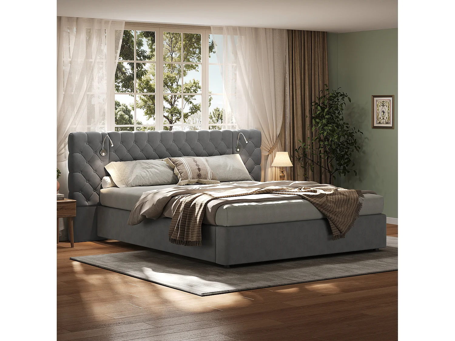 Upholstered storage bed 160x200 cm in velvet - with reading lamp and slatted base - Grey