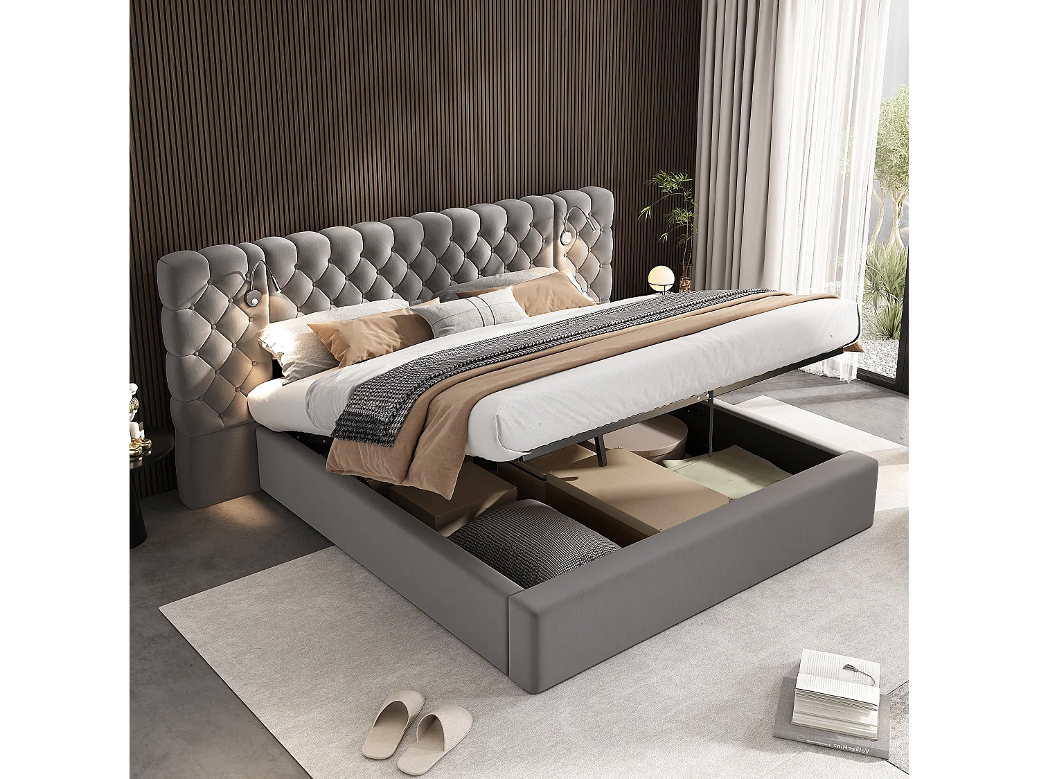 Upholstered storage bed 160x200 cm in velvet - with reading lamp and slatted base - Grey