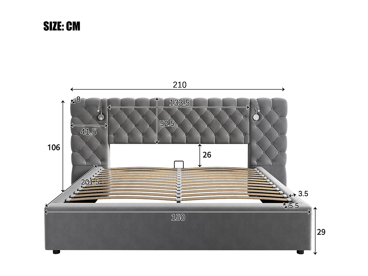 Upholstered storage bed 160x200 cm in velvet - with reading lamp and slatted base - Grey