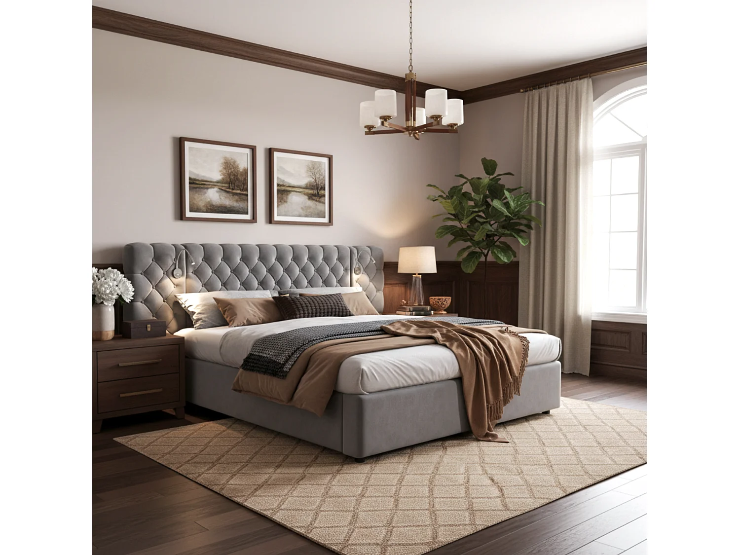 Upholstered storage bed 160x200 cm in velvet - with reading lamp and slatted base - Grey