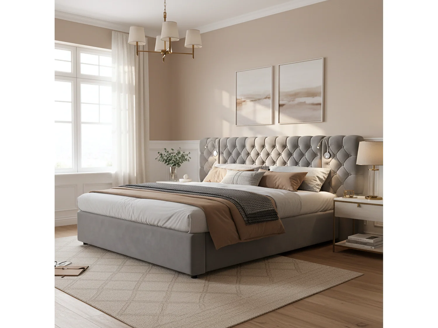 Upholstered storage bed 160x200 cm in velvet - with reading lamp and slatted base - Grey