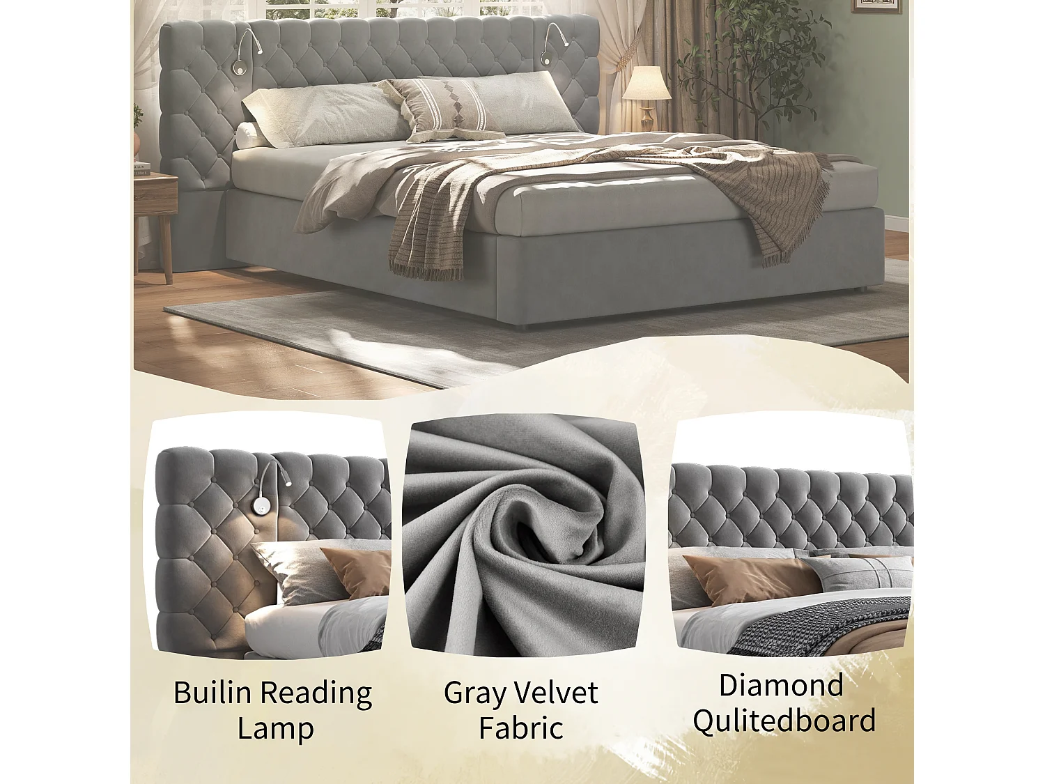 Upholstered storage bed 160x200 cm in velvet - with reading lamp and slatted base - Grey