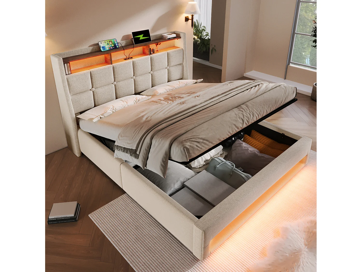Linen storage bed 135x190cm with LED and USB ports - slatted base - beige