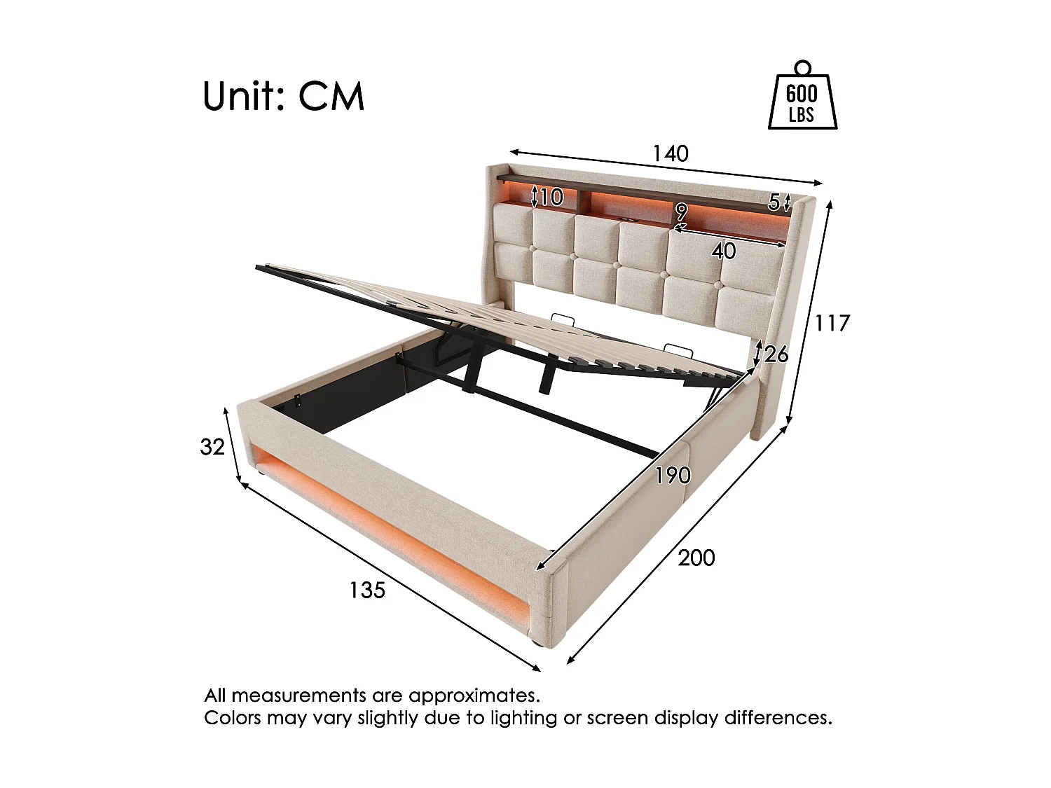 Linen storage bed 135x190cm with LED and USB ports - slatted base - beige