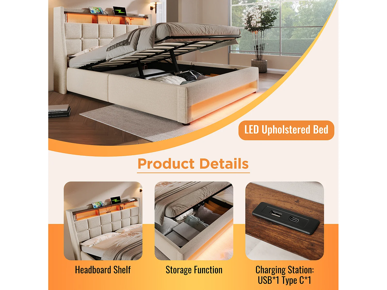 Linen storage bed 135x190cm with LED and USB ports - slatted base - beige