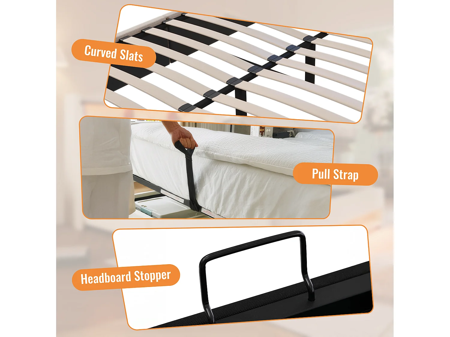 Linen storage bed 135x190cm with LED and USB ports - slatted base - beige