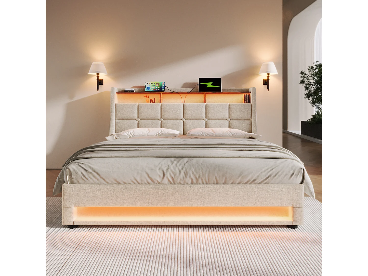 Linen storage bed 135x190cm with LED and USB ports - slatted base - beige