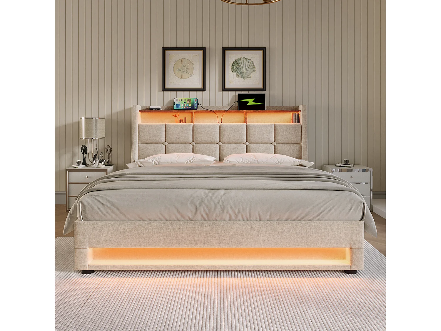 Linen storage bed 135x190cm with LED and USB ports - slatted base - beige