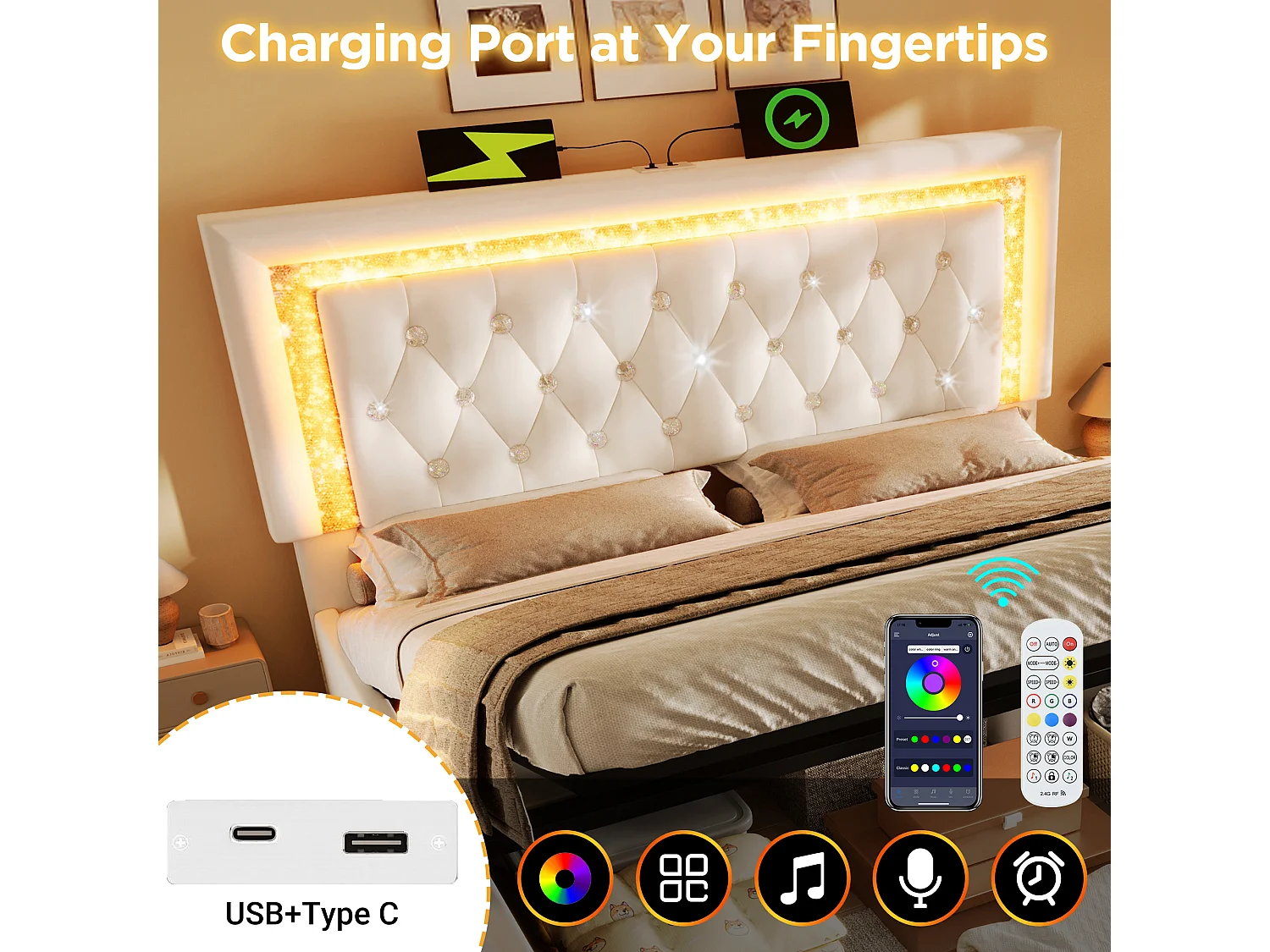 Upholstered storage bed 135x190cm in velvet - with LED lighting - with USB and Type-C ports - with slatted base - Beige (mattress not included)