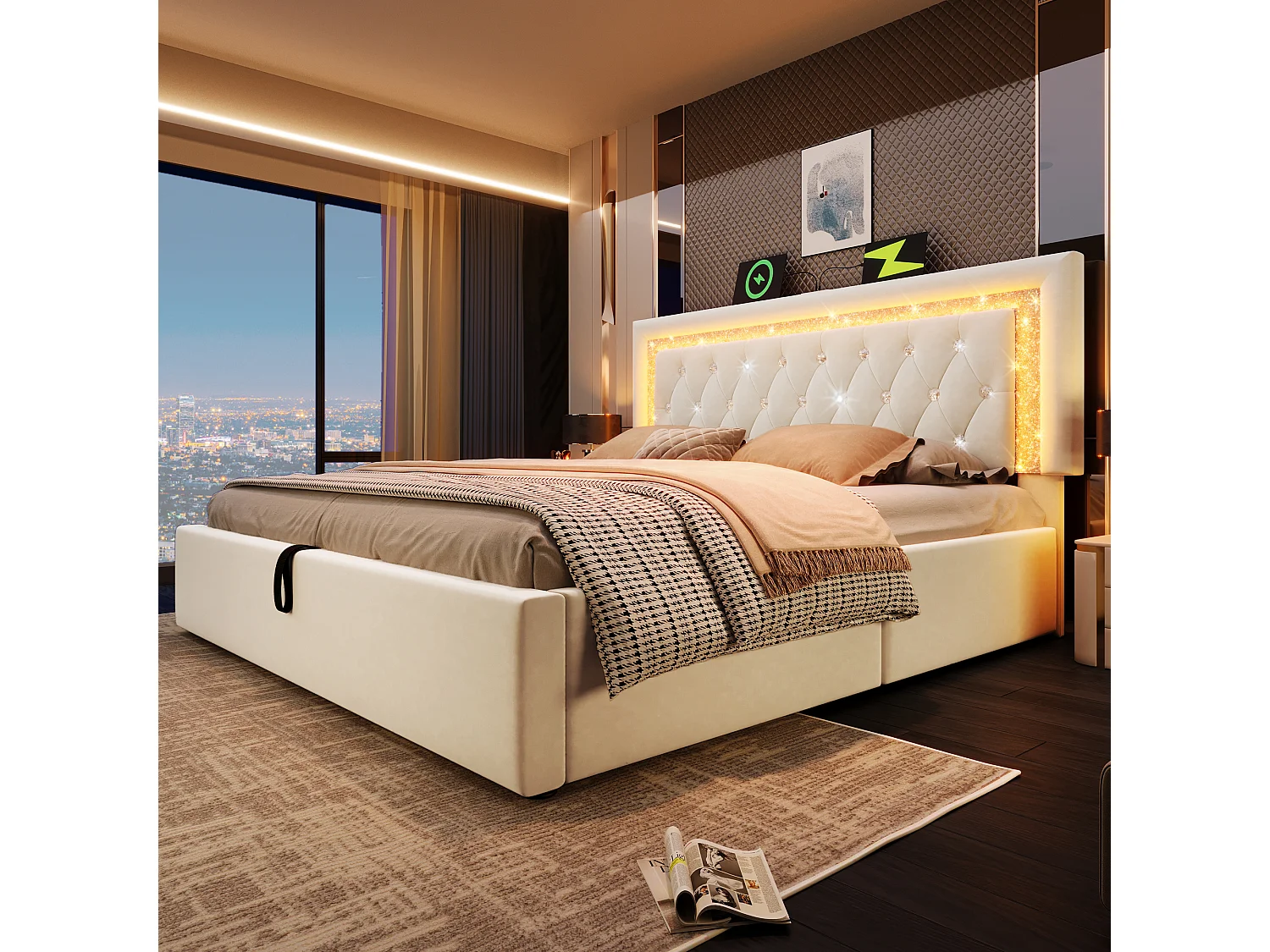 Upholstered storage bed 135x190cm in velvet - with LED lighting - with USB and Type-C ports - with slatted base - Beige (mattress not included)