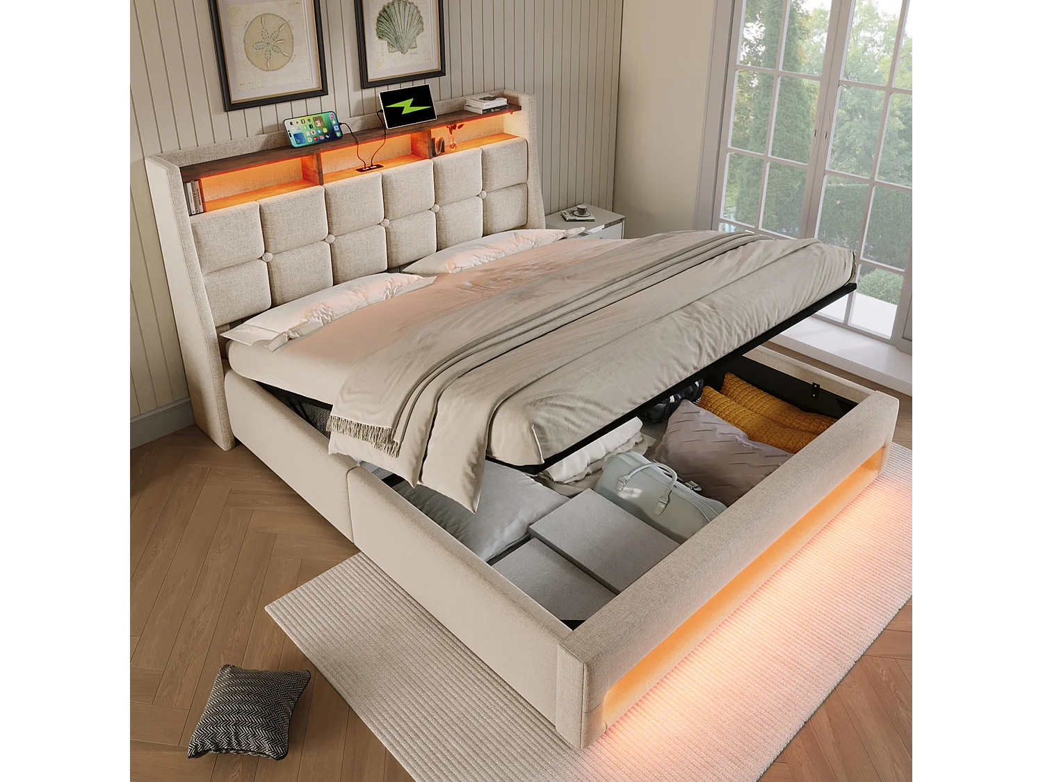 Linen storage bed 150x200cm with LED and USB ports - slatted base - beige