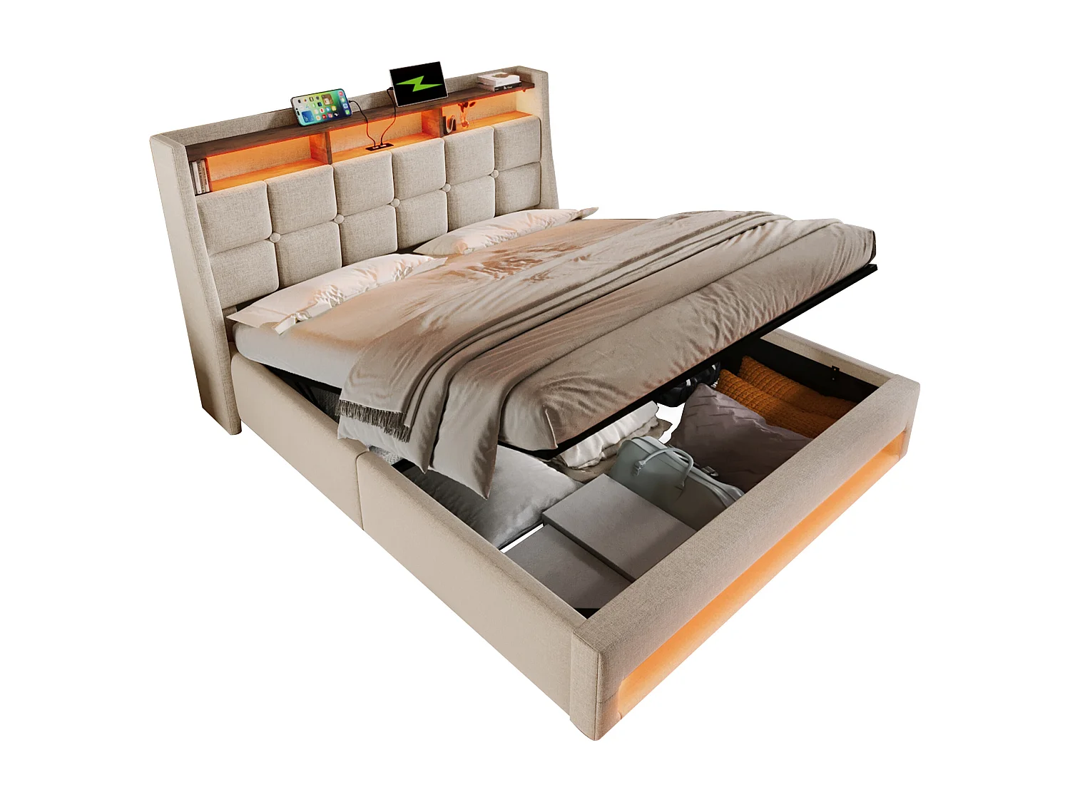 Linen storage bed 150x200cm with LED and USB ports - slatted base - beige