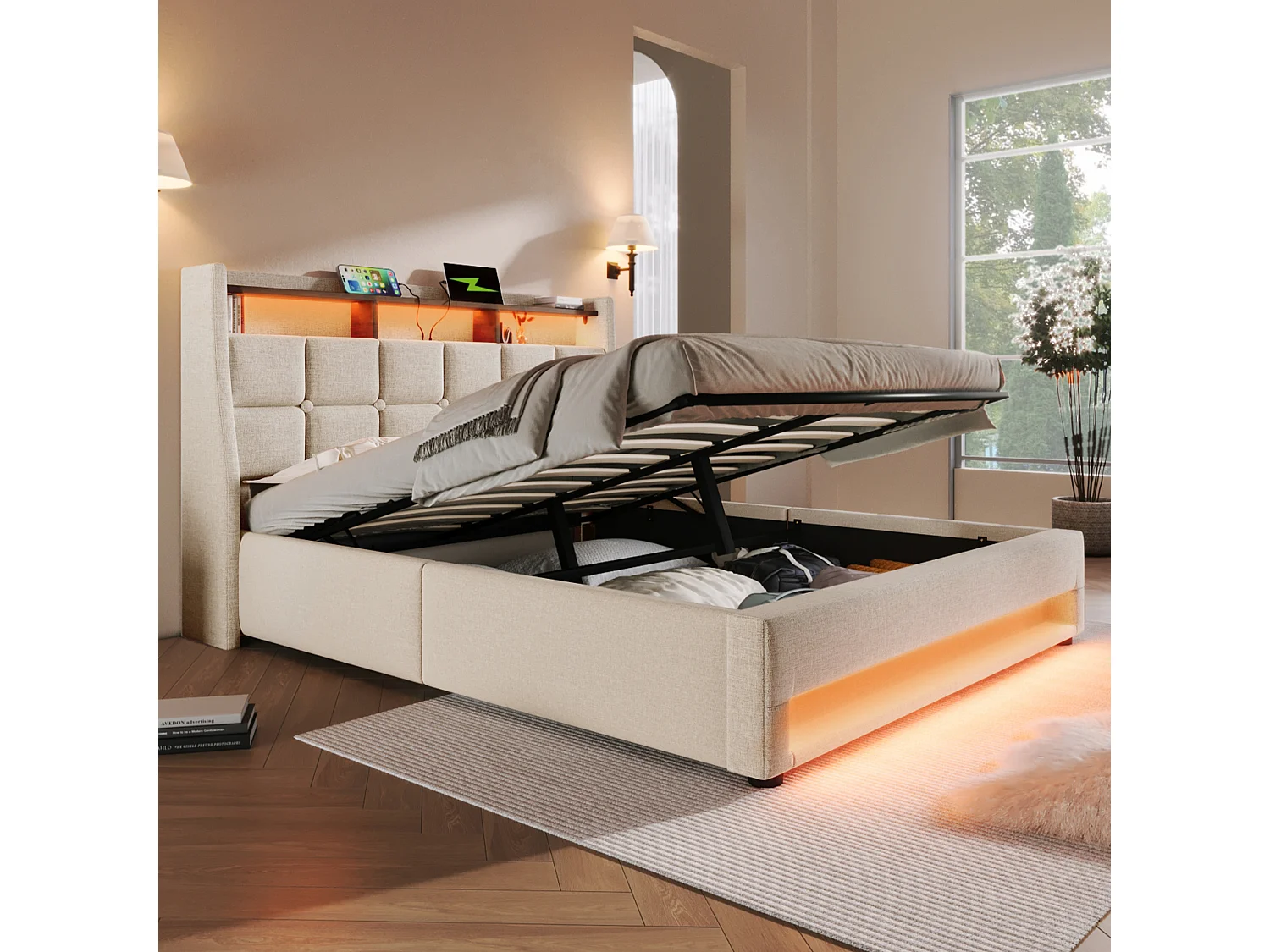Linen storage bed 150x200cm with LED and USB ports - slatted base - beige