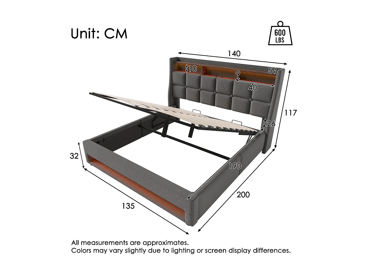 Linen storage bed 135x190cm with LED and USB ports - slatted base - grey