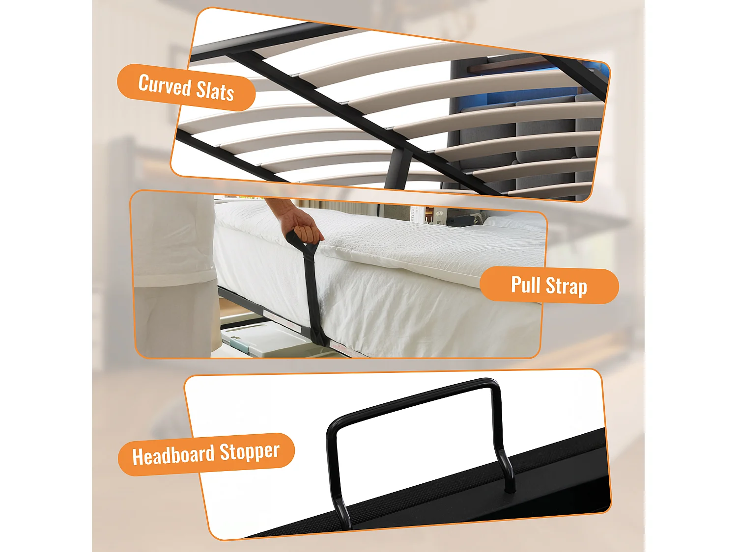 Linen storage bed 135x190cm with LED and USB ports - slatted base - grey