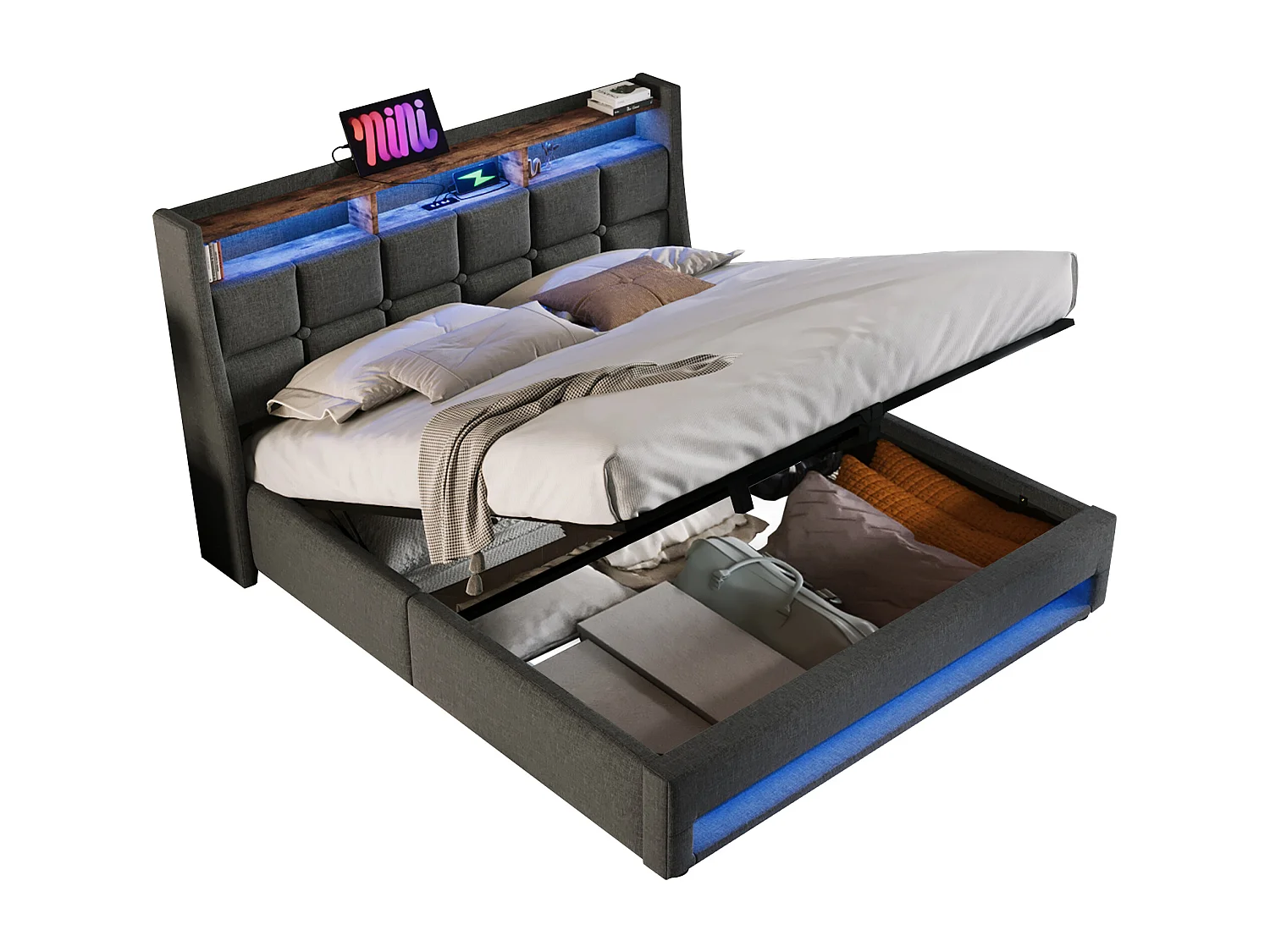 Linen storage bed 135x190cm with LED and USB ports - slatted base - grey